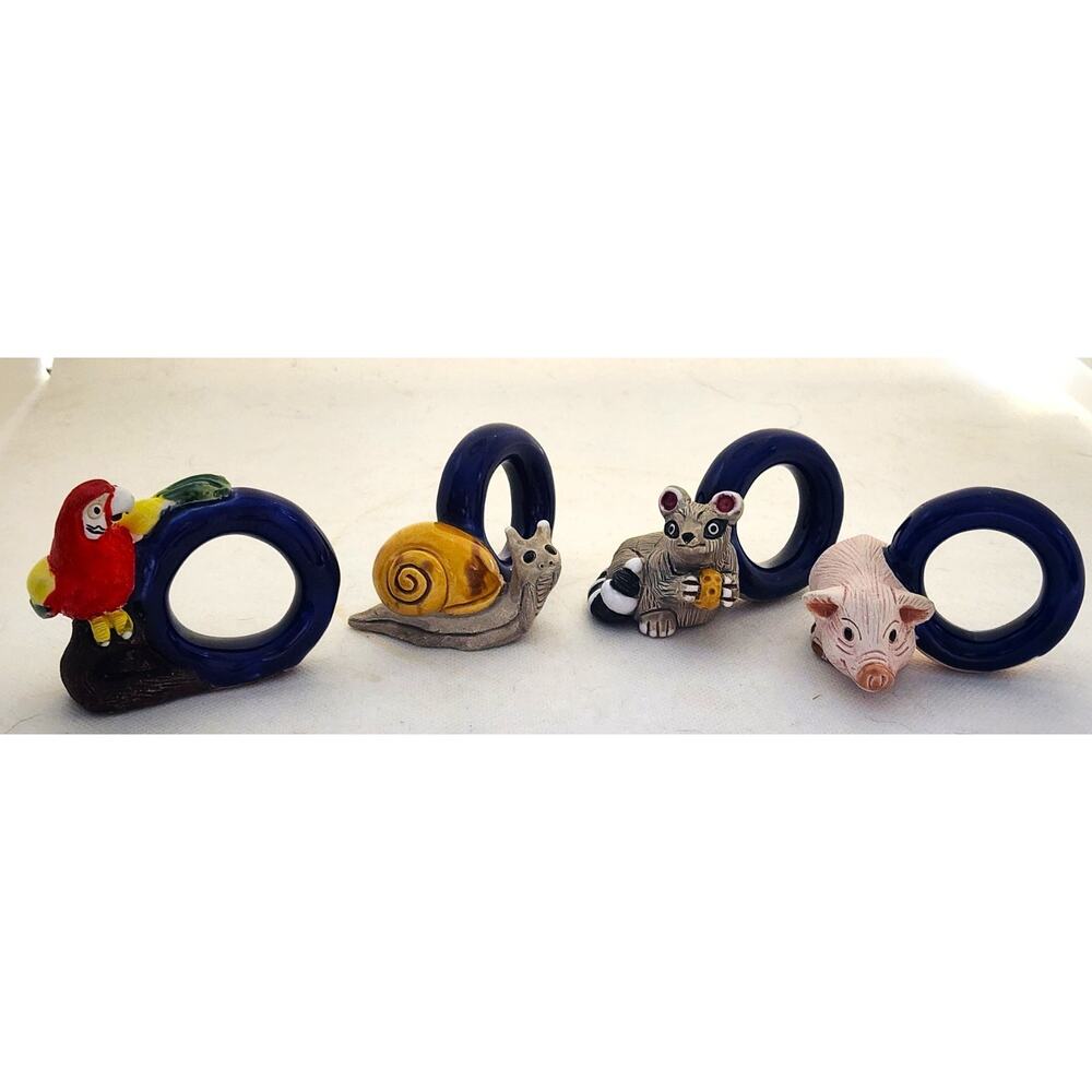 Napkin Rings-LEPS-Peru Terracotta-Snail, Pig, Parrot, Raccoon-Set of 4